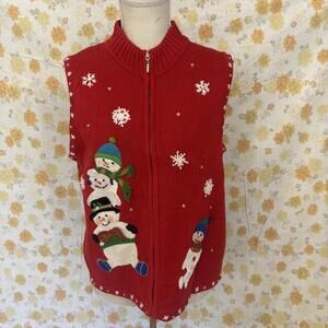 Y2K Snowman zip-up knit embroidered sweater vest sz PL